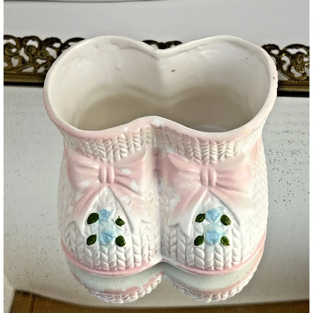 Baby Bootie Planter Napco Pink Nursery Double Shoe Vase Japan Vintage Ceramic